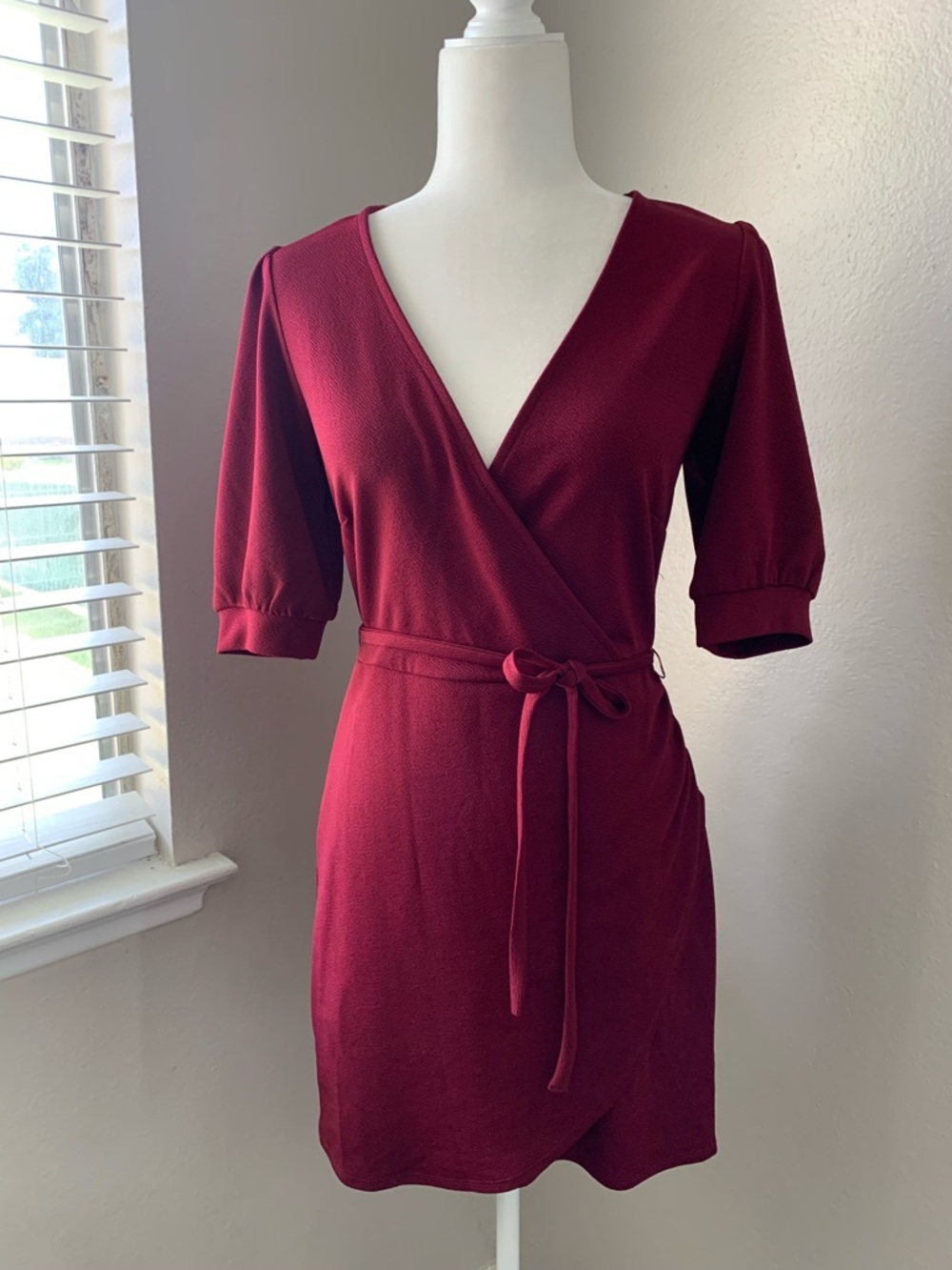 Speechless Burgundy Wrap-Style Mini Dress